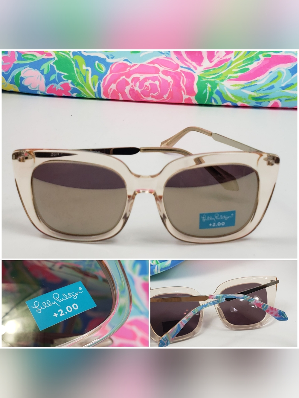 Lilly Pulitzer +2.00 Reader Sunglasses - Clear Rim w/ Pink & Blue Abstract Sides
